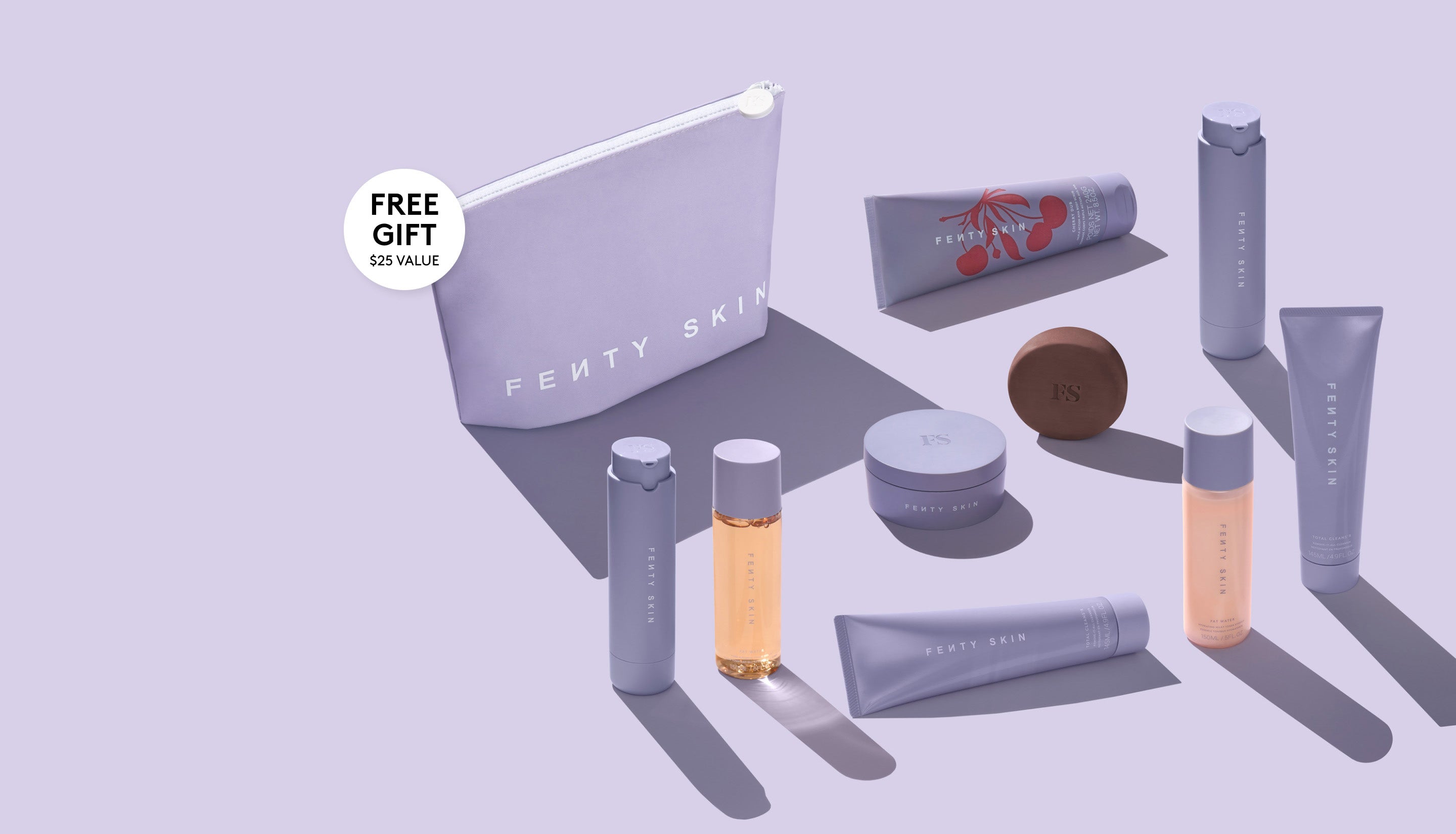 Product shot of all Fenty Skin products included in Fenty Skin Full-Size Starter bundles. $25 Free gift Fenty Skin Travel bag on purchase of any Fenty Skin Start'r bundles.