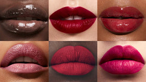 Collage of 6 lips on different skin tones wearing Fenty Beauty lip products. 