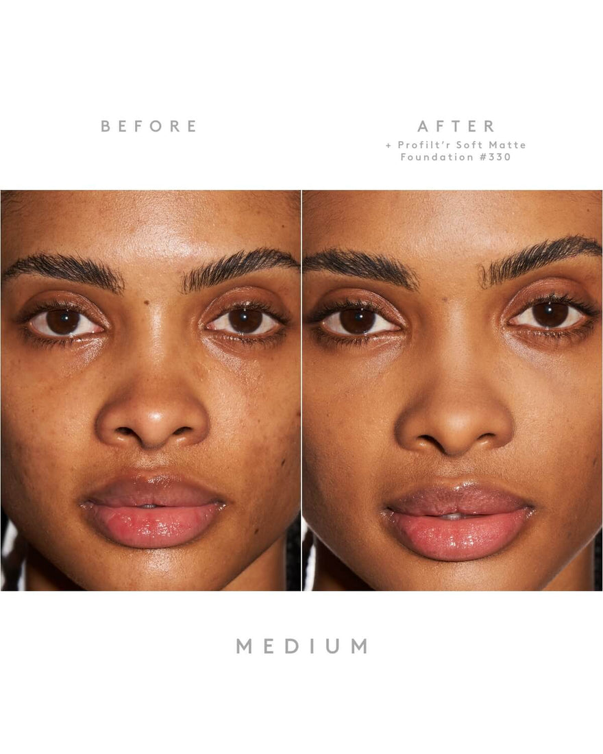 Side-by-side of model's face before and after the application of Pro Filtr'r foundation and Invisimatte Instant Setting Powder on light-medium skin tone.