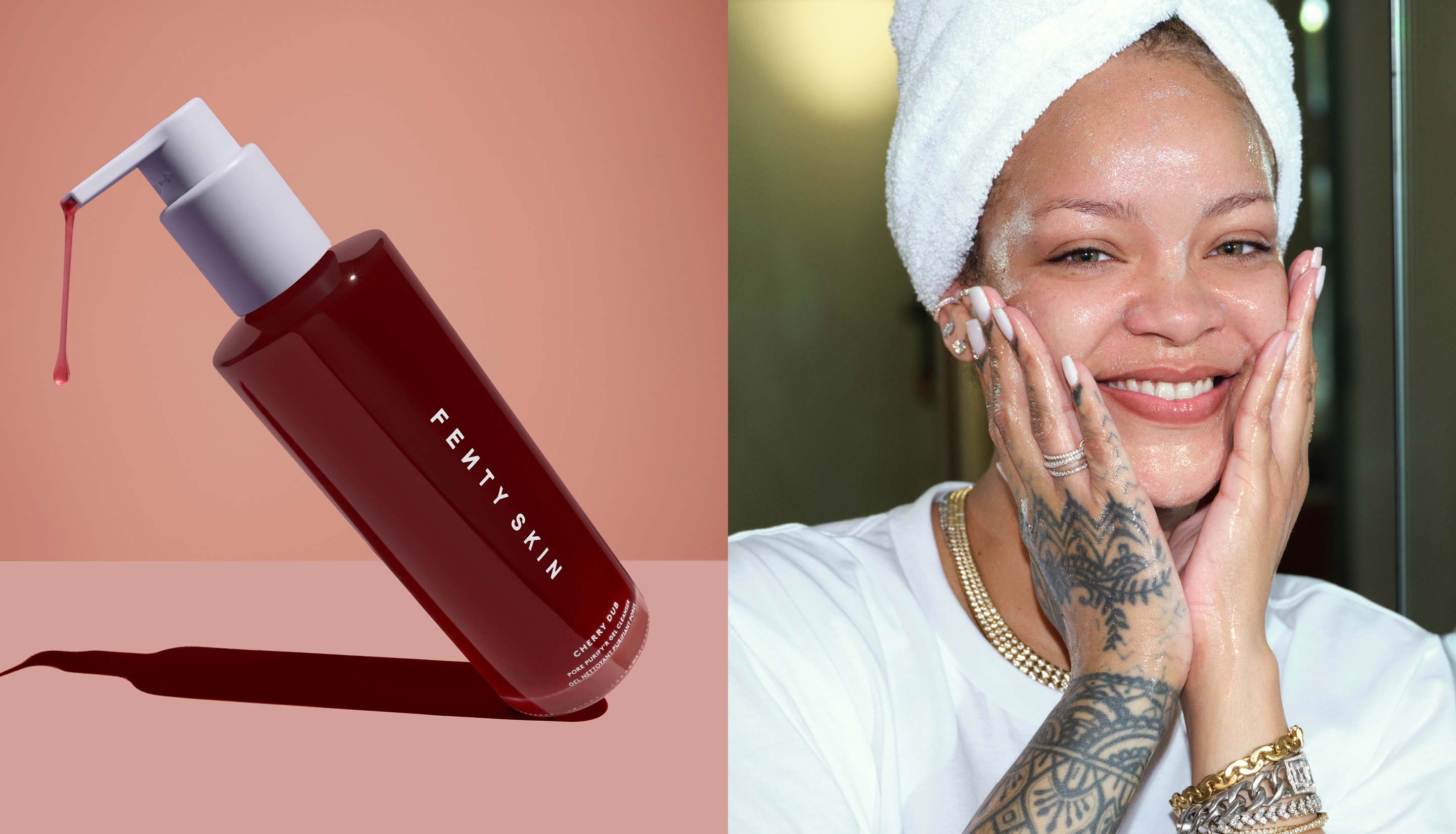 Left half of the image is Cherry Dub Gel Cleanser with product dripping out of the spout. Right half of the image is Rihanna washing her clean face with Cherry Dub Gel Cleanser.