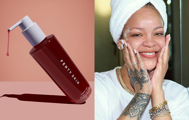Left half of the image is Cherry Dub Gel Cleanser with product dripping out of the spout. Right half of the image is Rihanna washing her clean face with Cherry Dub Gel Cleanser.