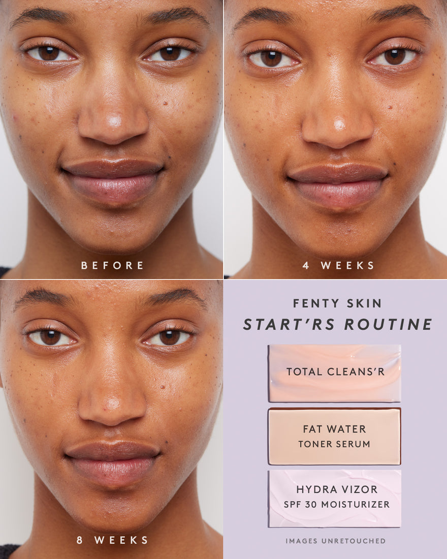 Before and after side-by-side of model's face showing the progress after 4 and 8 weeks of using the Fenty Skin Start'r routine.