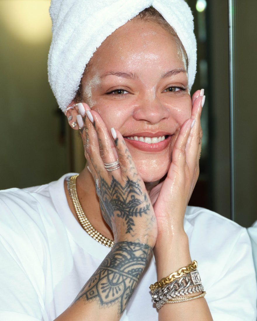 Rihanna washing her face with Cherry Dub Gel Cleanser.