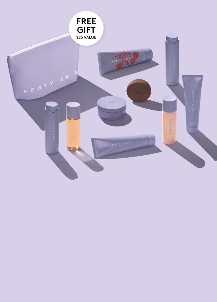 Product shot of all Fenty Skin products included in Fenty Skin Full-Size Starter bundles. $25 Free gift Fenty Skin Travel bag on purchase of any Fenty Skin Start'r bundles.